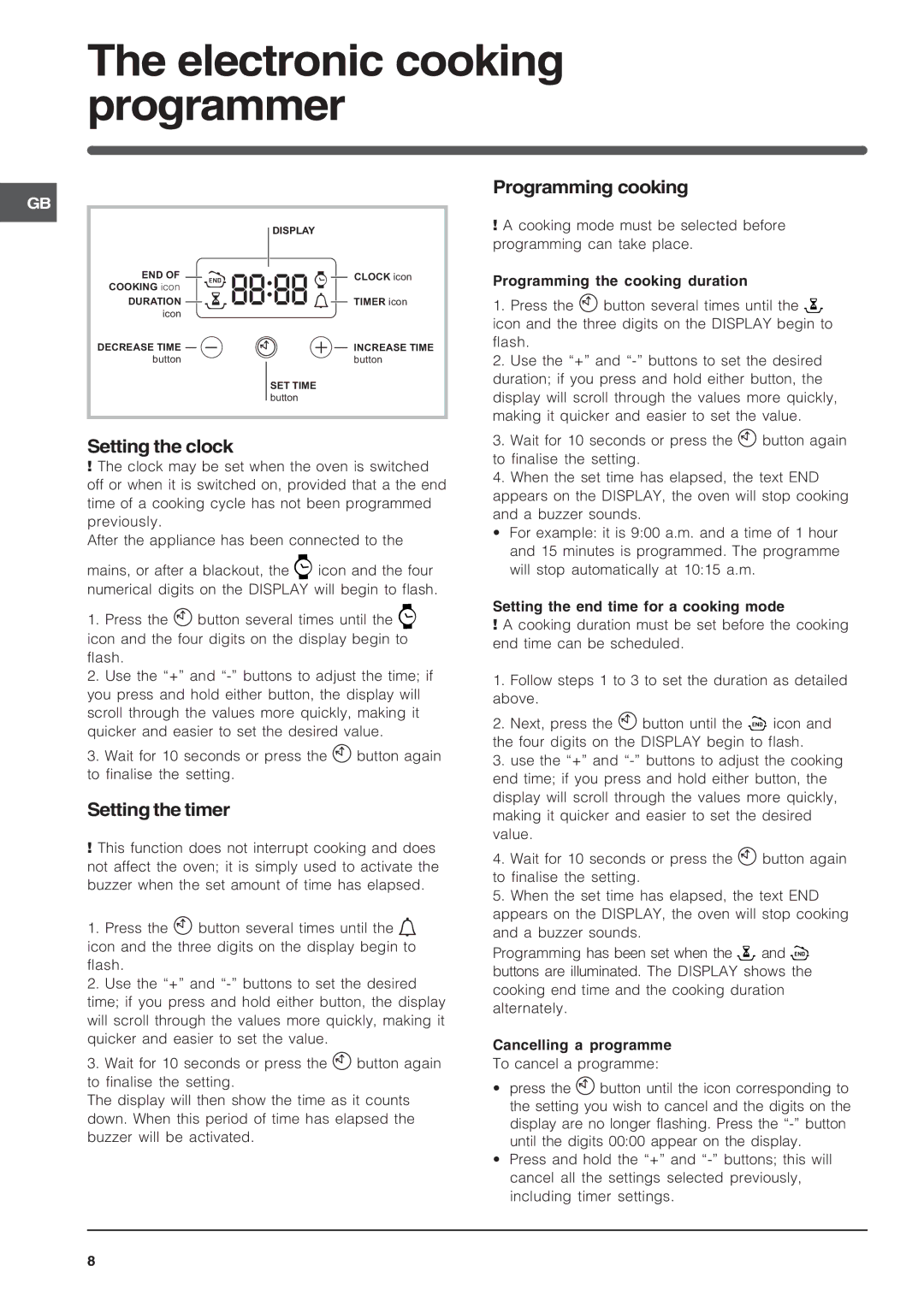 Indesit FIE 76 KC.A IX GB/1 manual Electronic cooking programmer, Setting the clock, Setting the timer, Programming cooking 