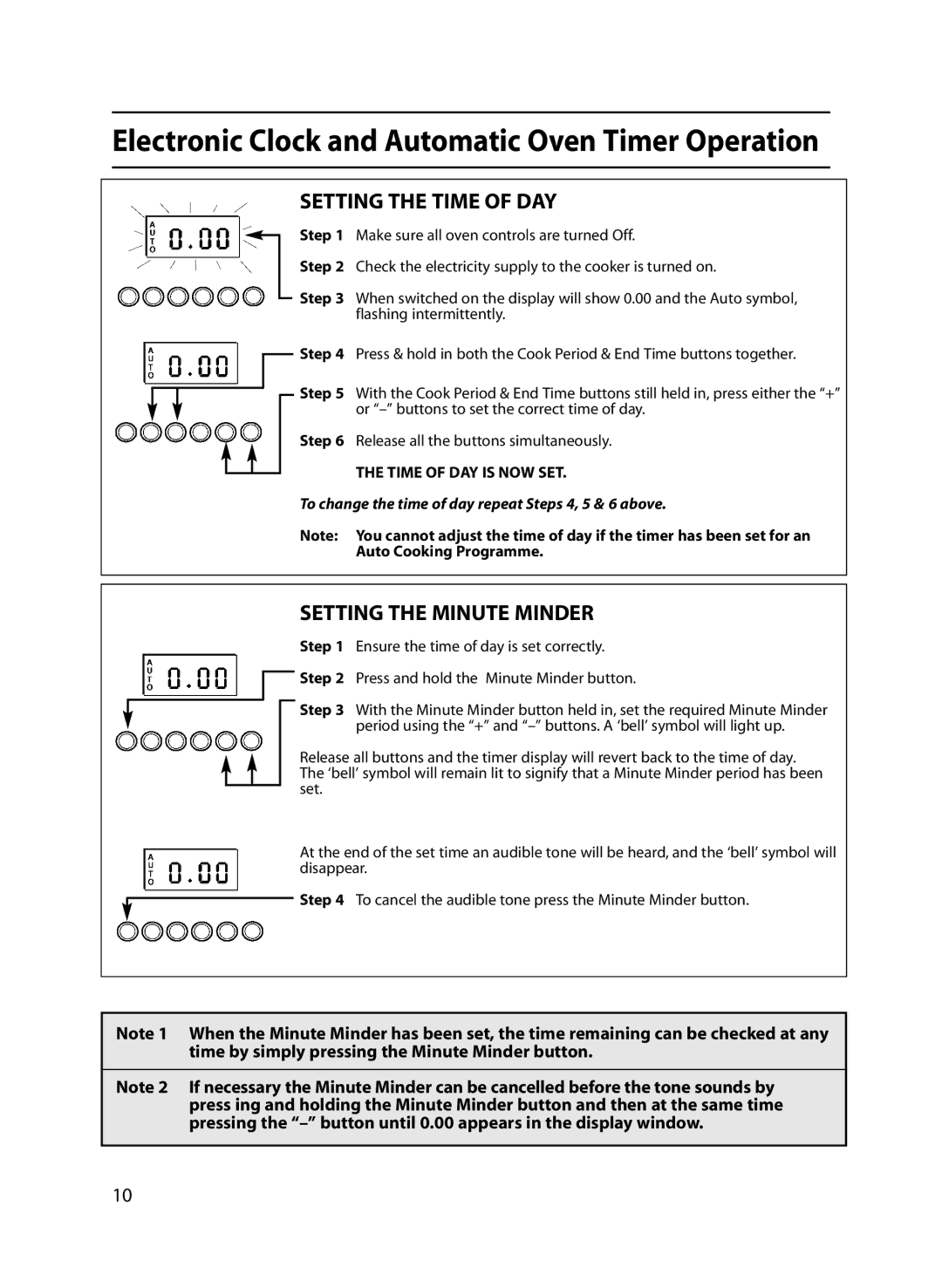 Indesit FIU20 MK2 manual Setting the Time of DAY, Setting the Minute Minder 