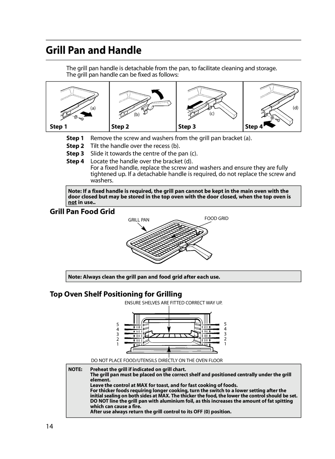 Indesit FIU20 MK2 manual Grill Pan and Handle, Grill Pan Food Grid, Top Oven Shelf Positioning for Grilling, Step 