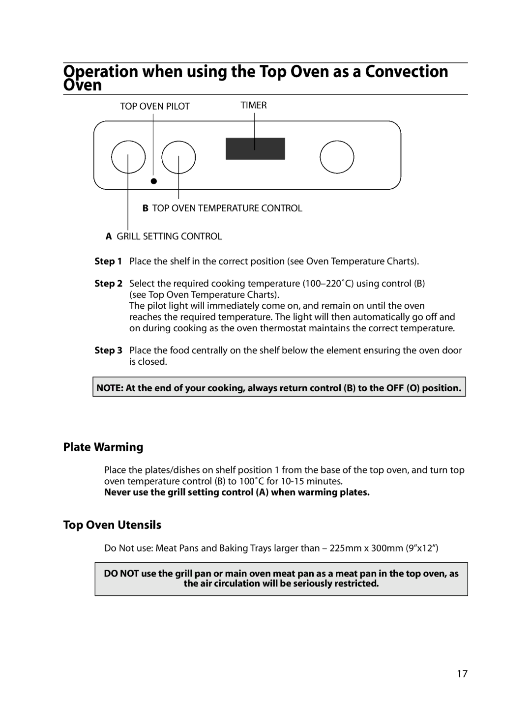 Indesit FIU20 MK2 manual Operation when using the Top Oven as a Convection Oven, Plate Warming, Top Oven Utensils 