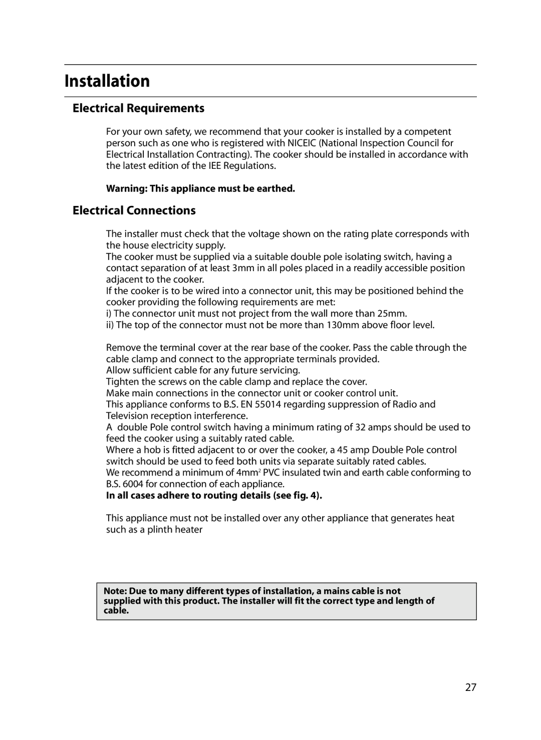 Indesit FIU20 MK2 manual Installation, Electrical Requirements, Electrical Connections 