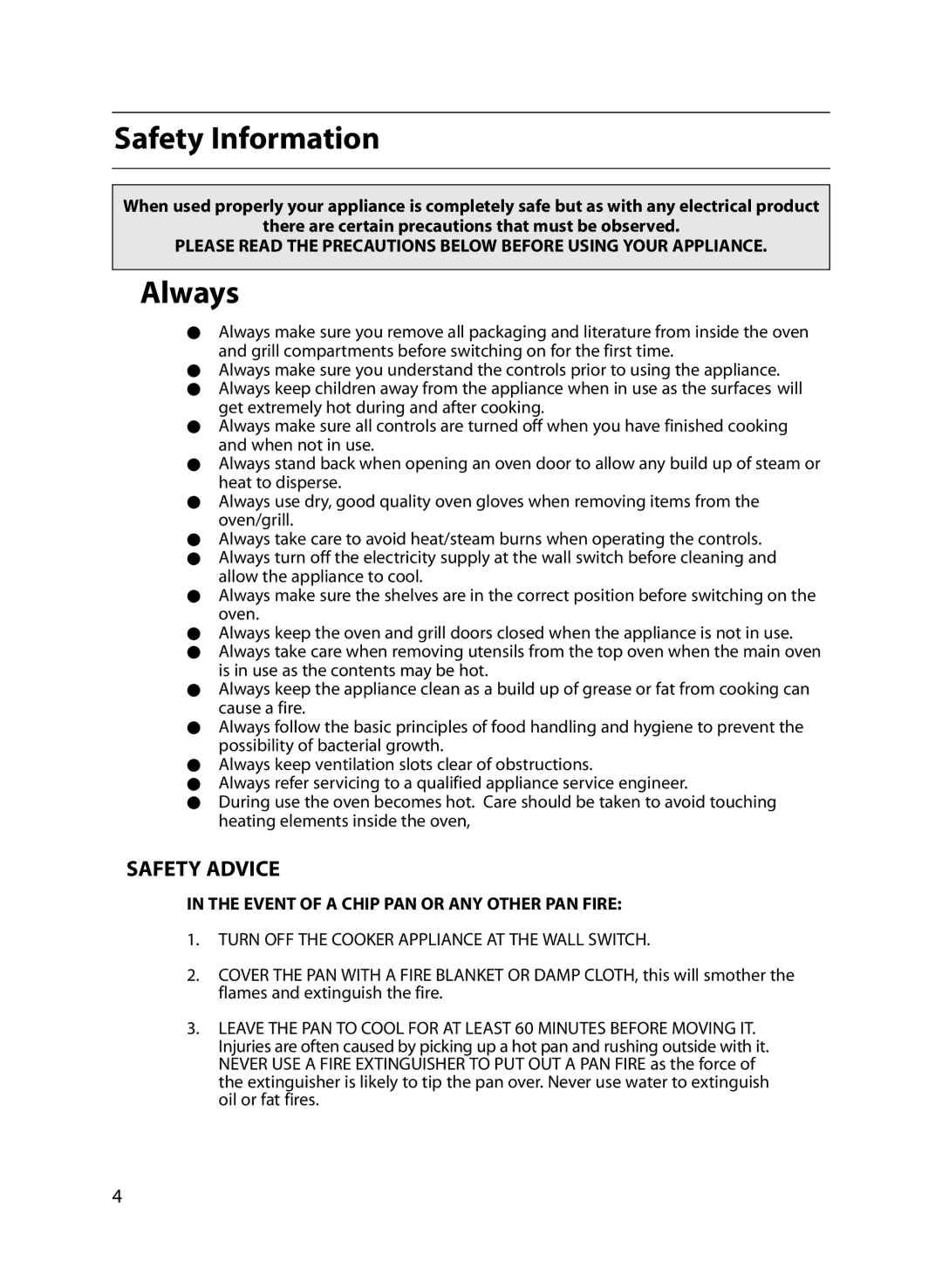 Indesit FIU20 MK2 manual Safety Information, Always, Safety Advice 