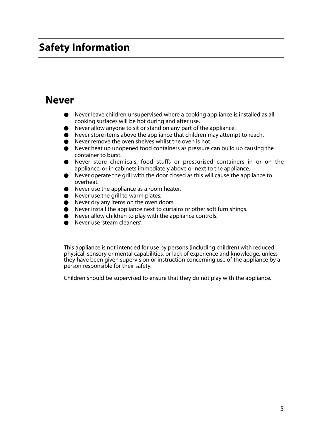 Indesit FIU20 MK2 manual Safety Information Never 