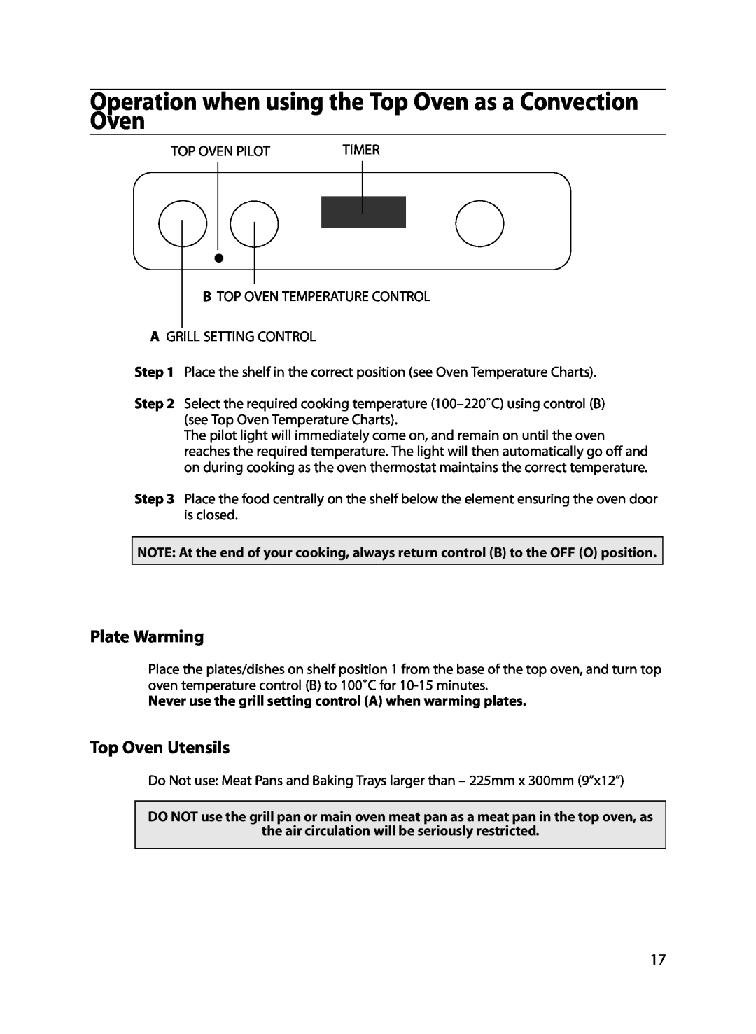 Indesit FIU20 MK2 manual Operation when using the Top Oven as a Convection Oven, Plate Warming, Top Oven Utensils 