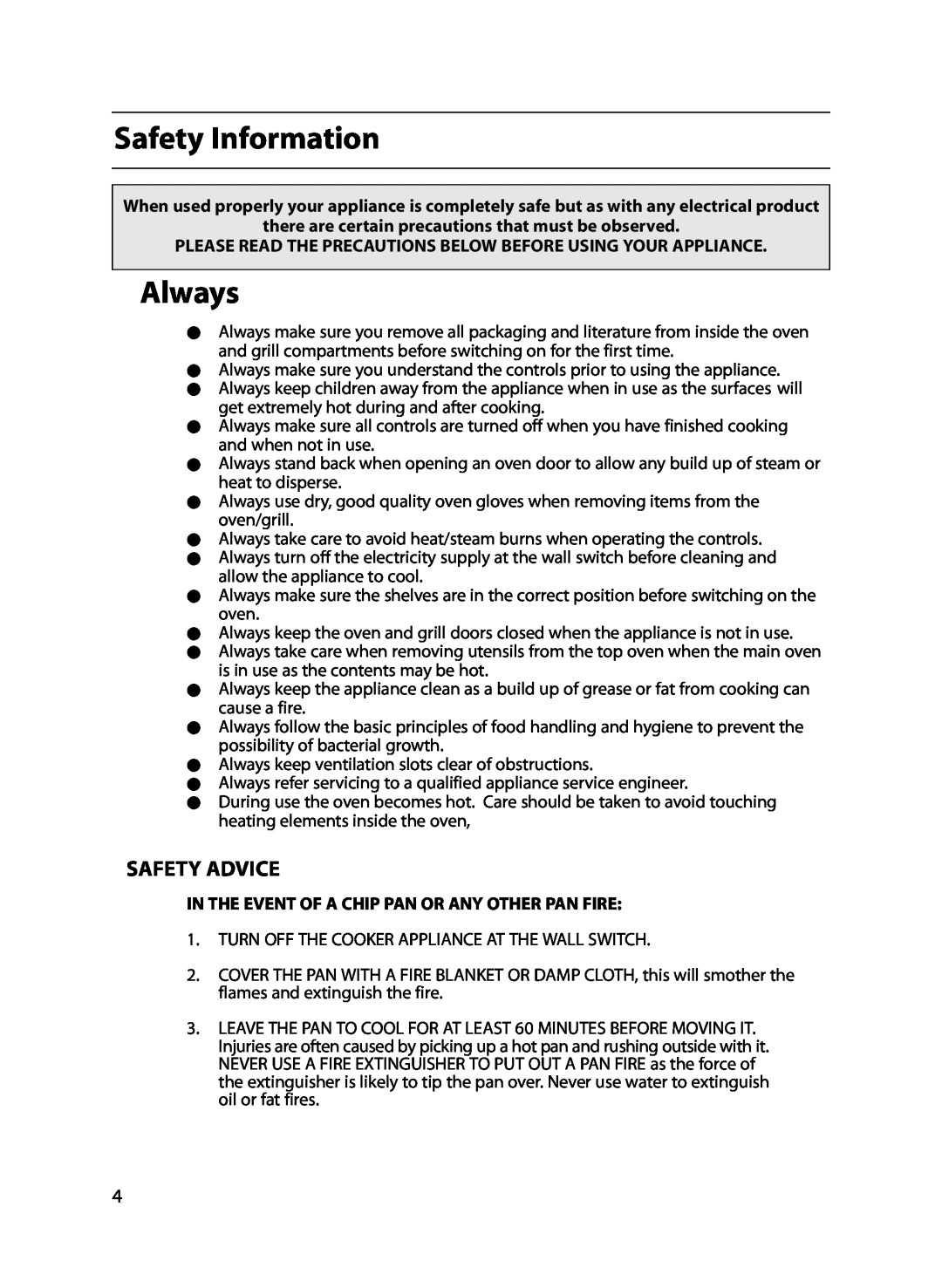 Indesit FIU20 MK2 manual Safety Information, Always, Safety Advice, there are certain precautions that must be observed 