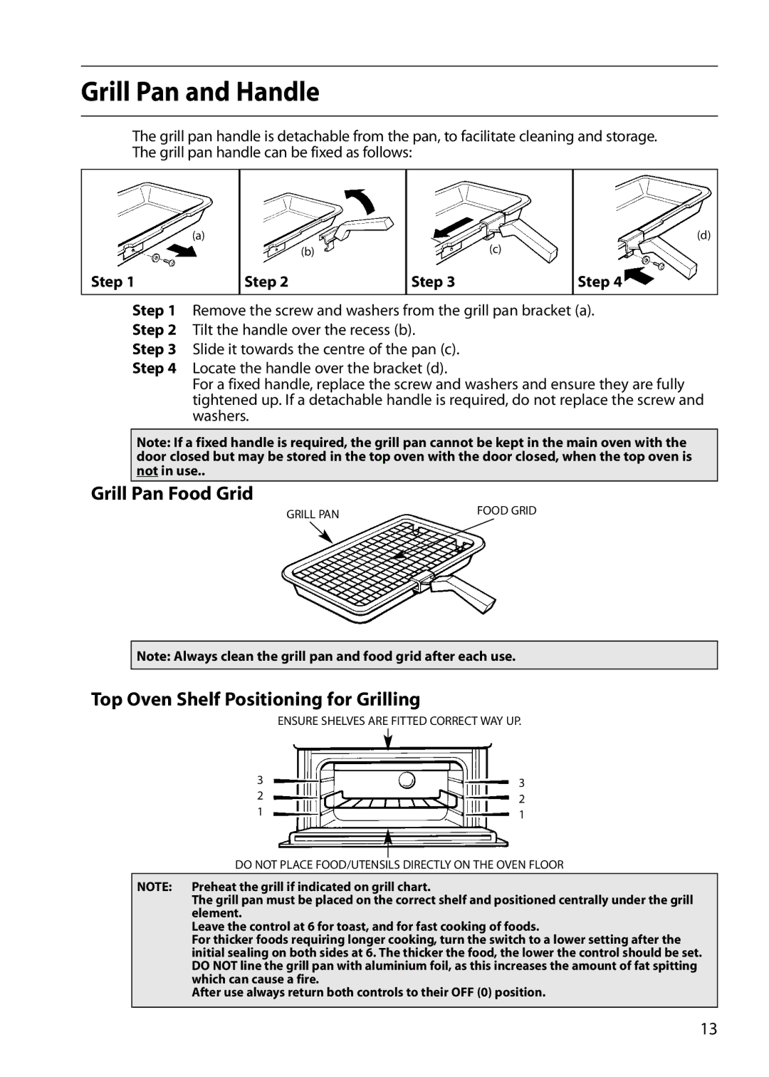 Indesit FIU20 manual Grill Pan and Handle, Grill Pan Food Grid, Top Oven Shelf Positioning for Grilling, Step 