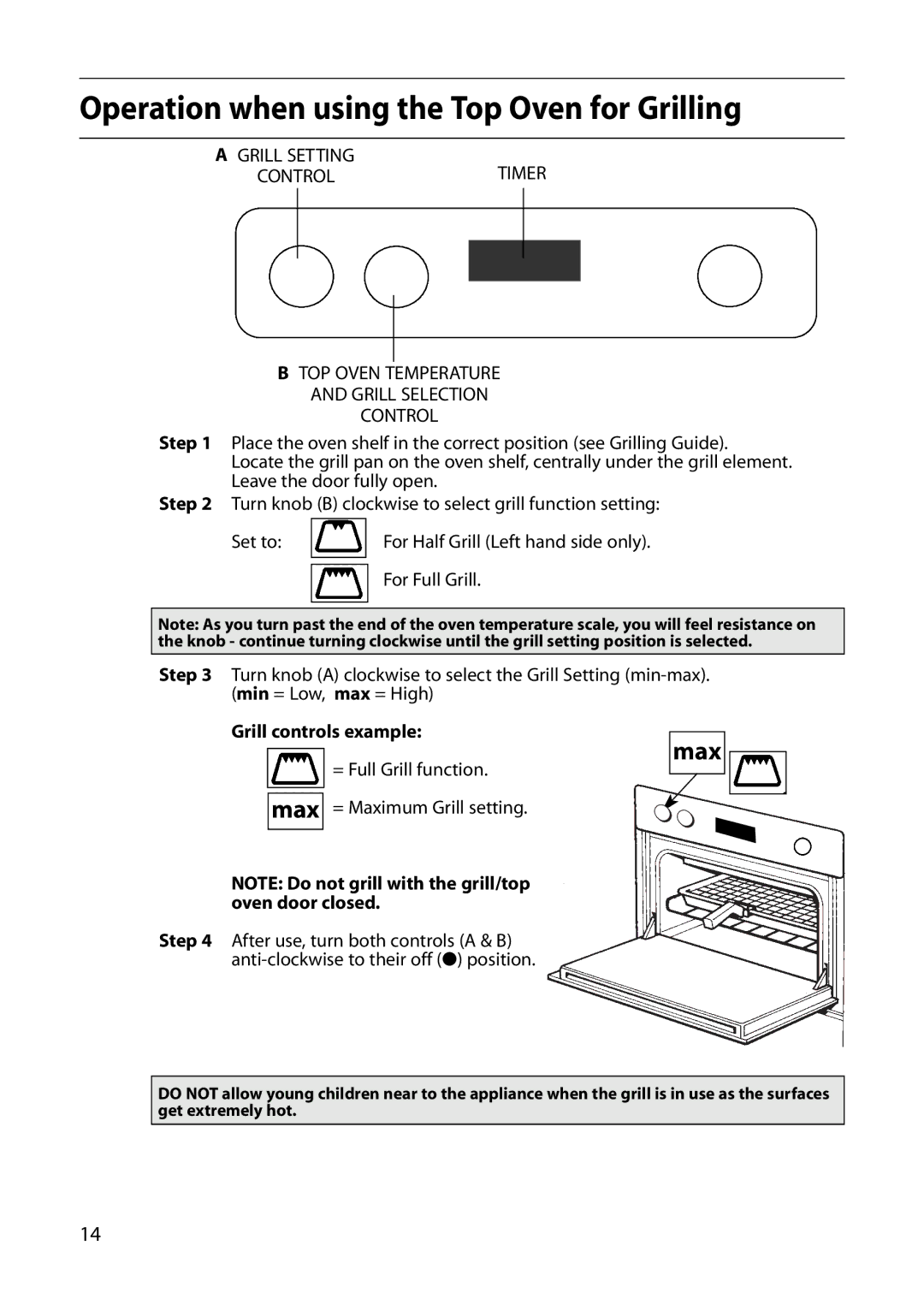 Indesit FIU20 manual Operation when using the Top Oven for Grilling, Grill controls example 