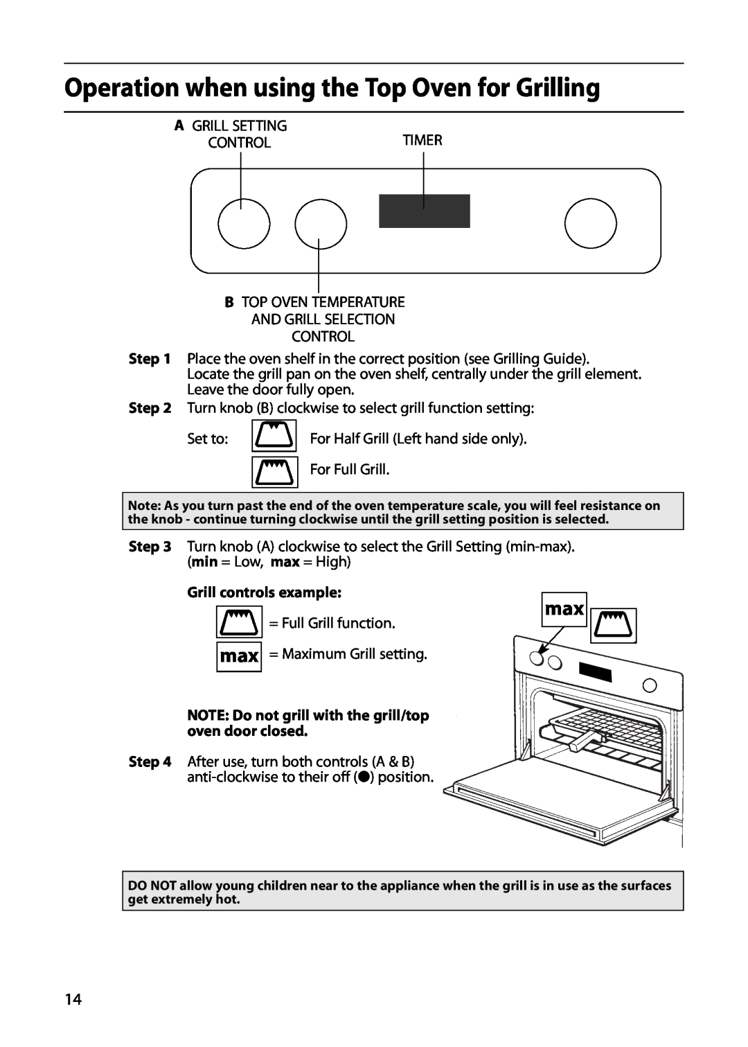 Indesit FIU20 manual Operation when using the Top Oven for Grilling, Grill controls example 