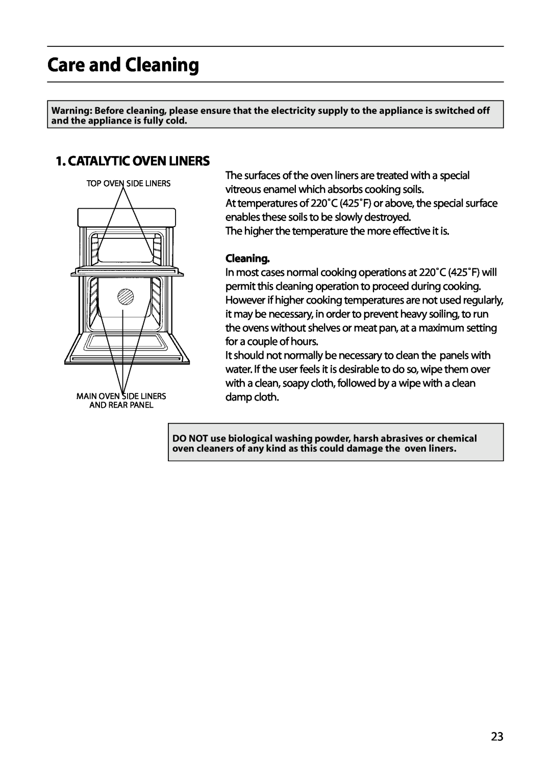 Indesit FIU20 manual Care and Cleaning, Catalytic Oven Liners 