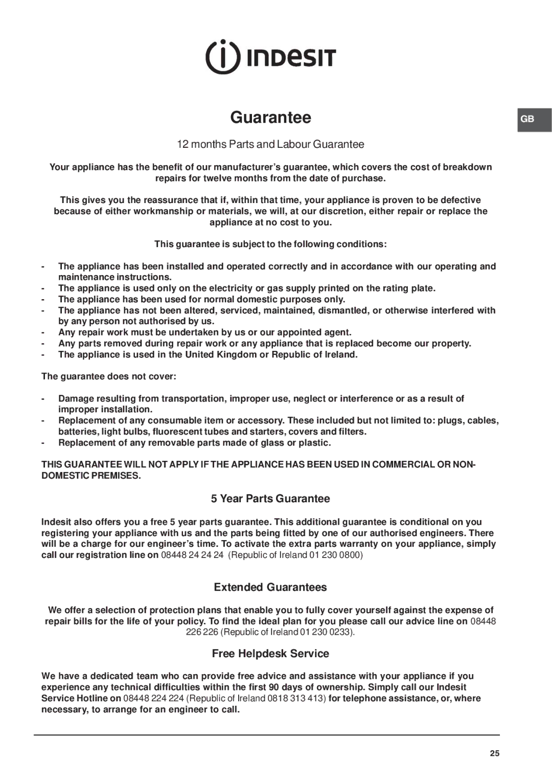 Indesit FIU20BK/1, FIU20IX/1, FIU20WH/1, FIMU 23 IX manual Year Parts Guarantee, Extended Guarantees, Free Helpdesk Service 