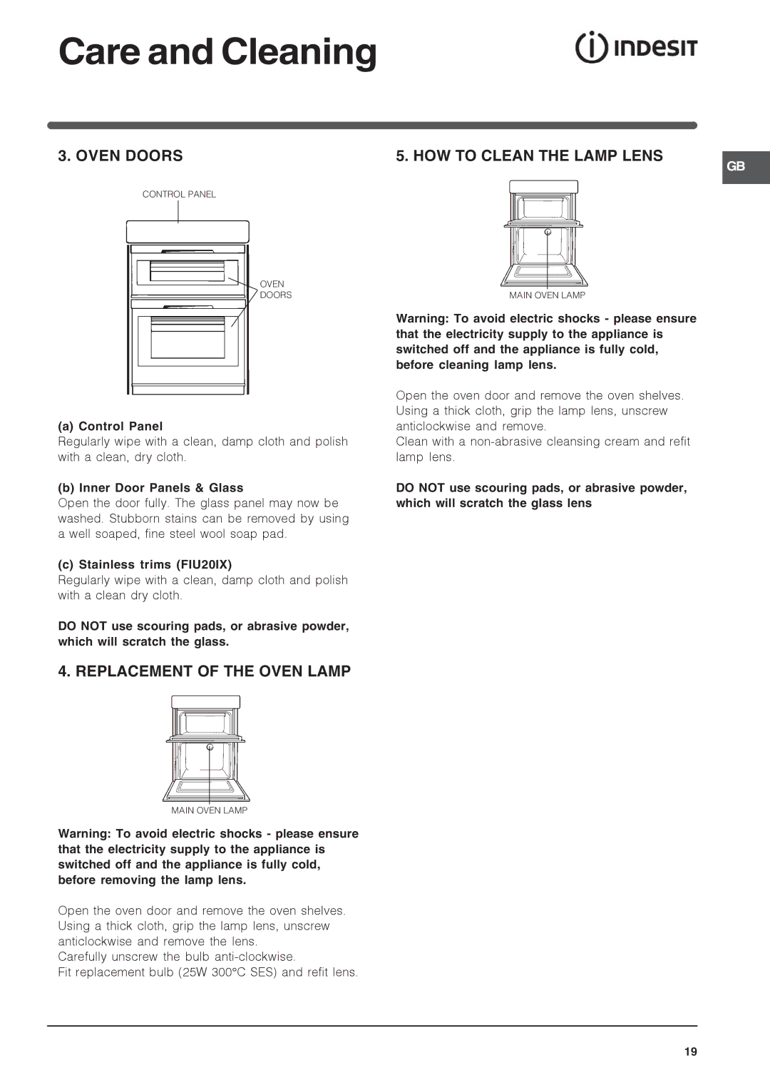 Indesit FIU20BK/1, FIU20IX/1, FIU20WH/1 Oven Doors HOW to Clean the Lamp Lens, Replacement of the Oven Lamp, Control Panel 