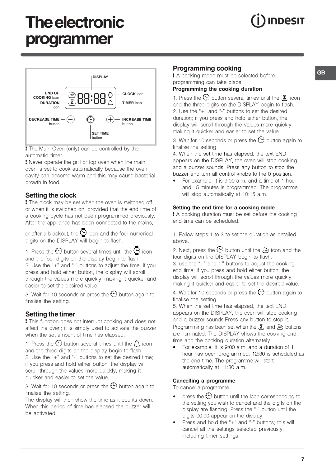 Indesit FIU20BK/1, FIU20IX/1, FIU20WH/1, FIMU 23 IX, FIMU 23 (WH) Setting the clock, Setting the timer, Programming cooking 