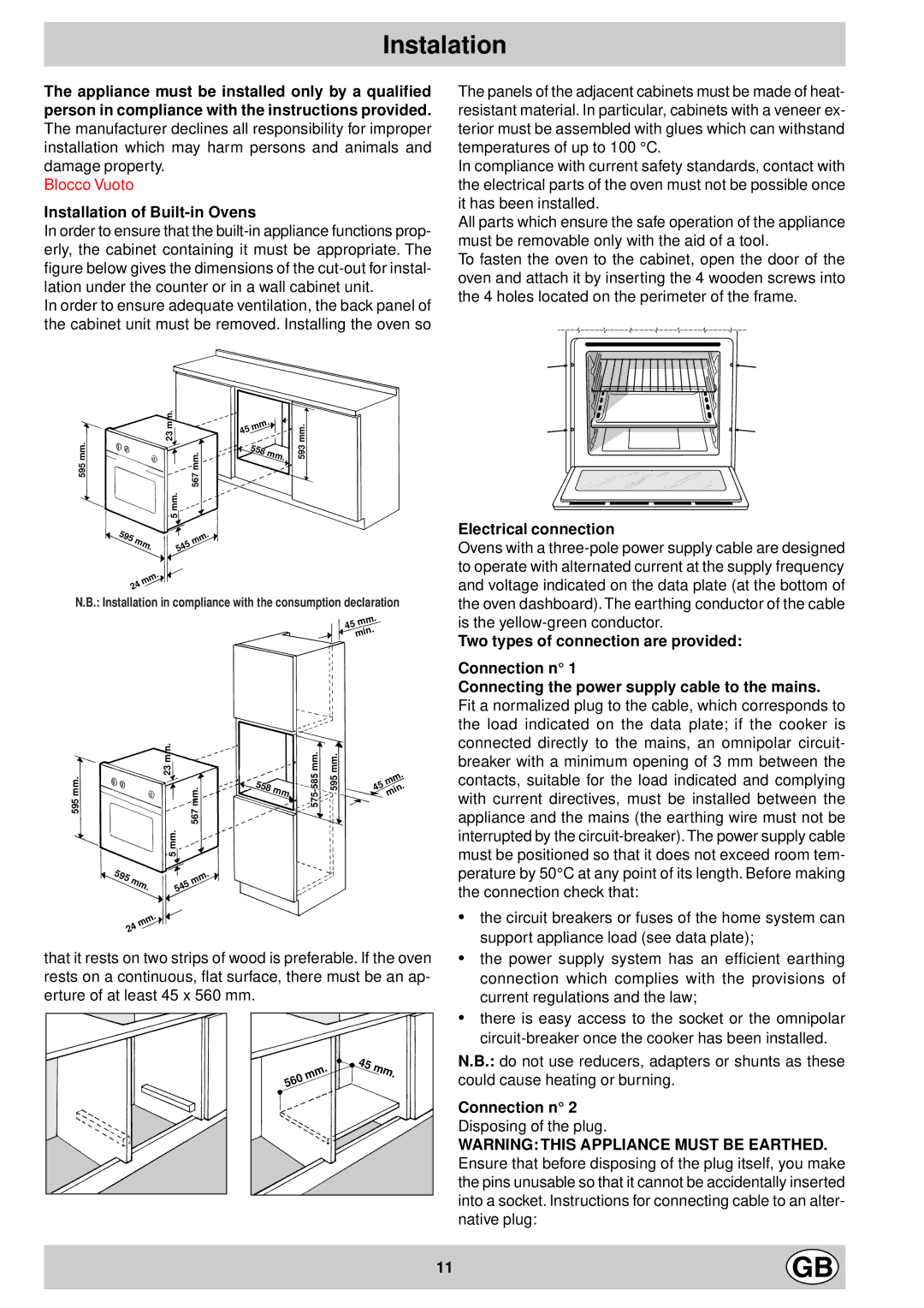 Indesit FM 20 K.C IX GB, FM 10 RK.C GB manual Instalation, Installation of Built-in Ovens, Electrical connection 