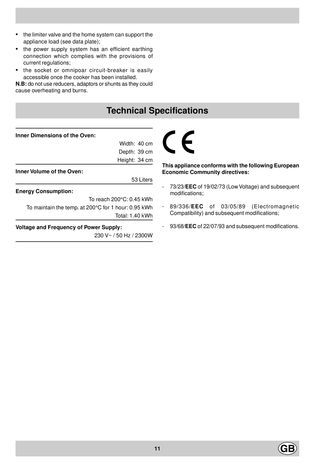 Indesit FM 37K IX DK Technical Specifications, Inner Dimensions of the Oven, Inner Volume of the Oven, Energy Consumption 