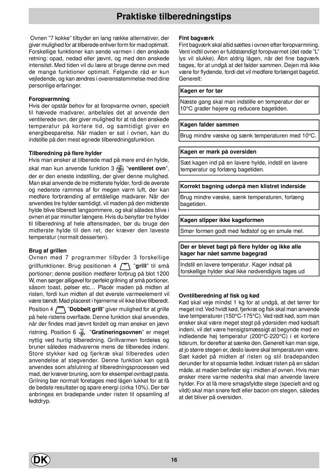 Indesit FM 37K IX DK manual Praktiske tilberedningstips 