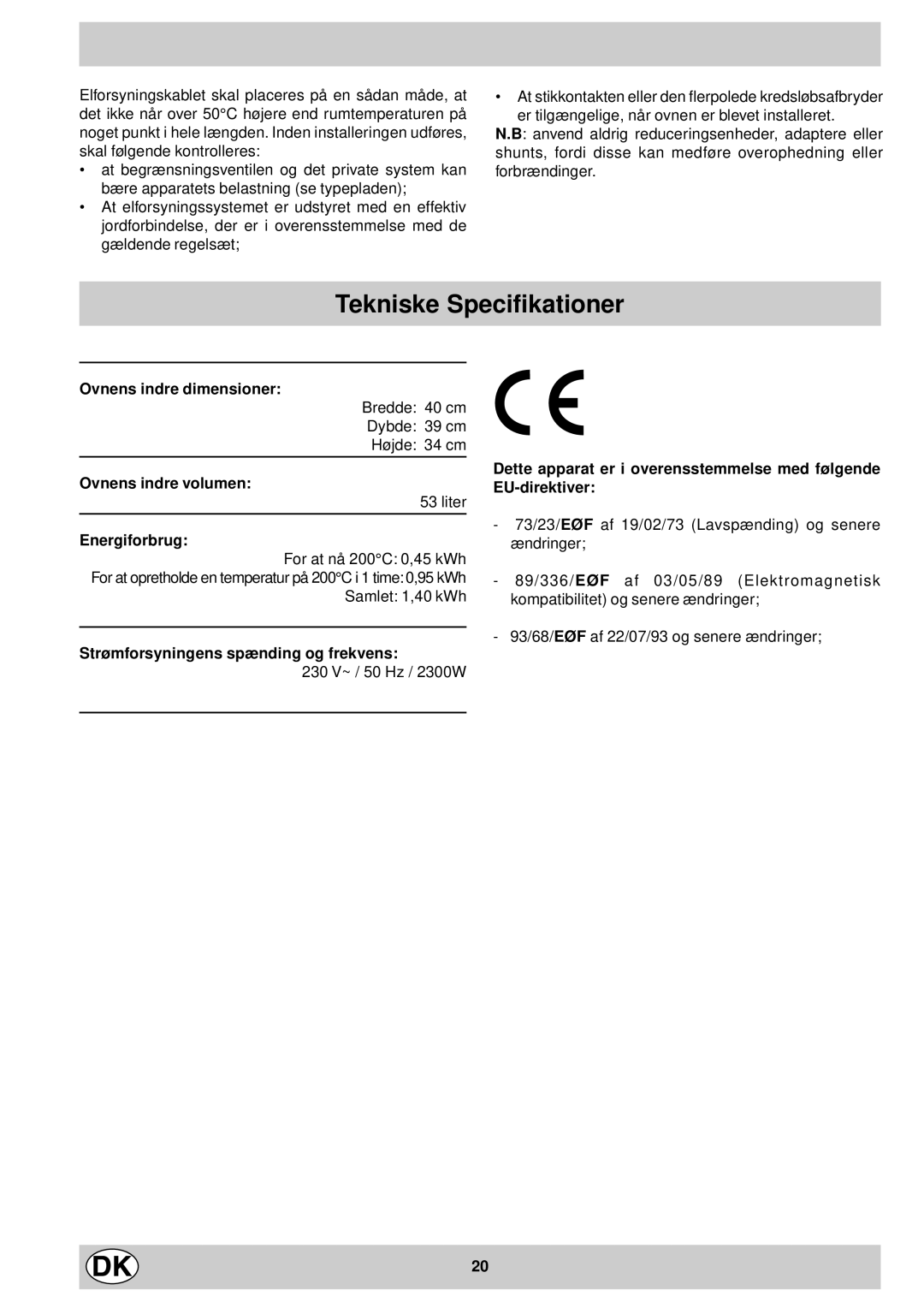 Indesit FM 37K IX DK manual Tekniske Specifikationer, Ovnens indre dimensioner, Ovnens indre volumen, Energiforbrug 