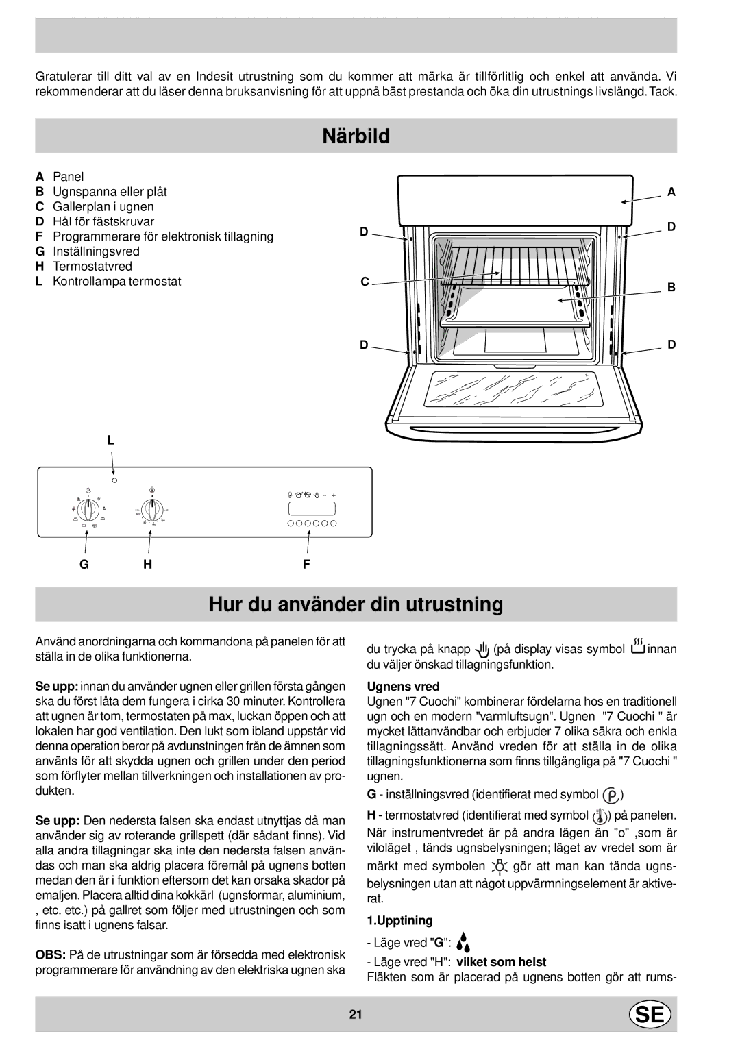 Indesit FM 37K IX DK manual Närbild, Hur du använder din utrustning, Ugnens vred, Upptining, Läge vred Hvilket som helst 