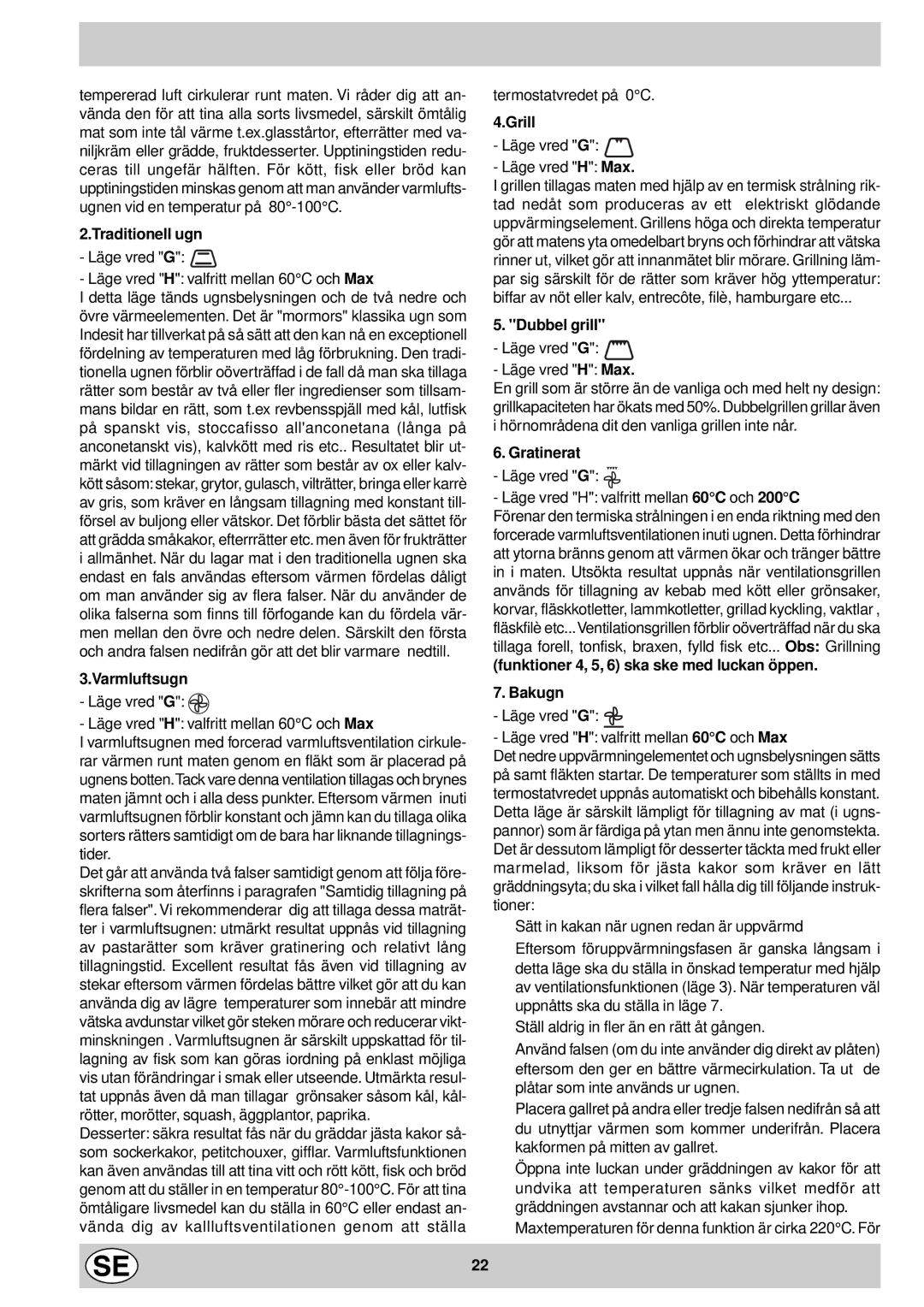 Indesit FM 37K IX DK Traditionell ugn, Dubbel grill, Gratinerat, Funktioner 4, 5, 6 ska ske med luckan öppen, Varmluftsugn 