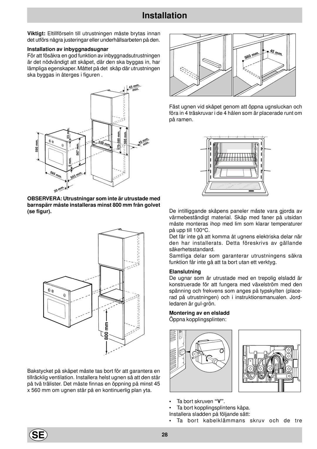 Indesit FM 37K IX DK manual Installation av inbyggnadsugnar, Elanslutning, Montering av en elsladd 