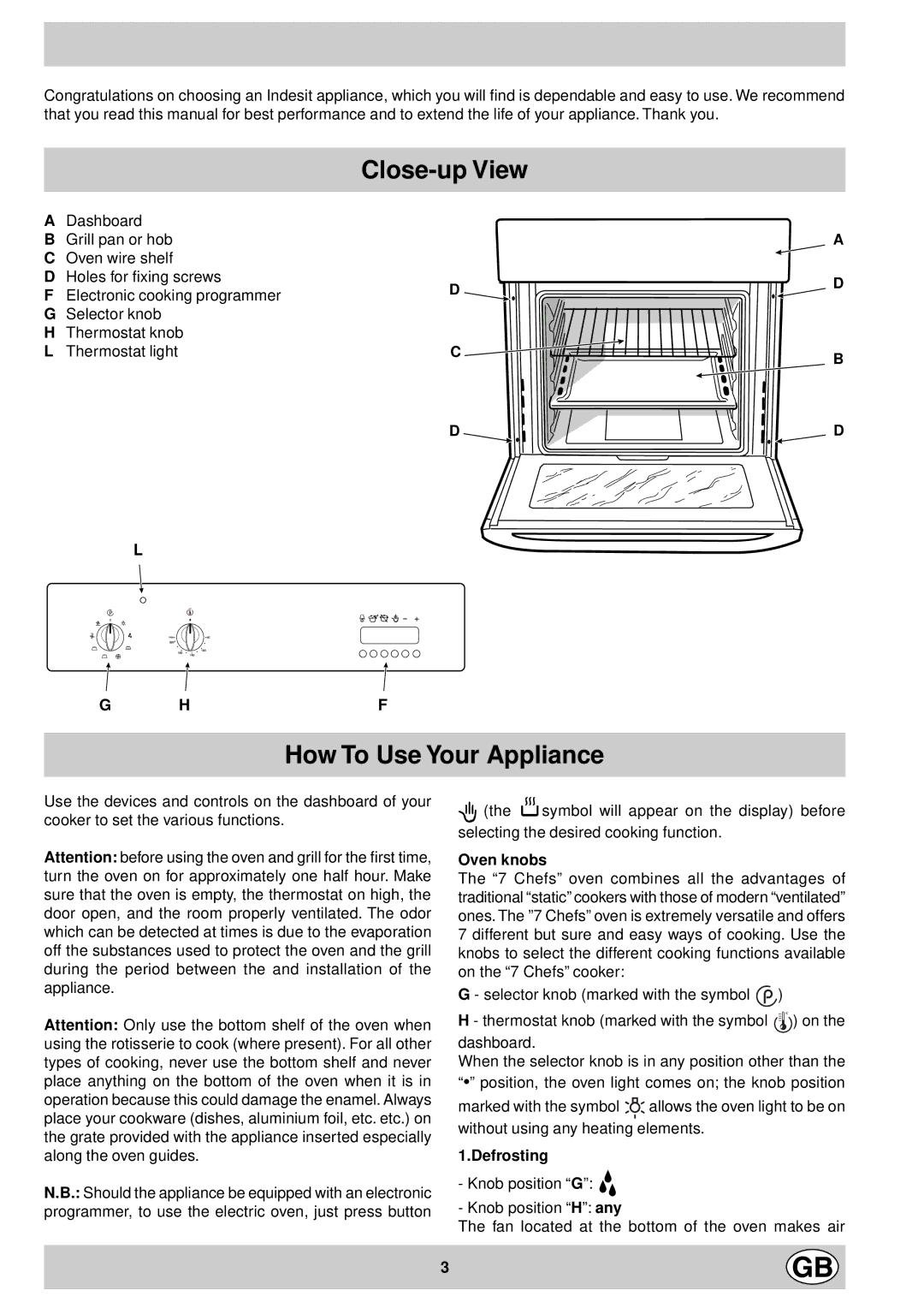 Indesit FM 37K IX DK manual Close-up View, How To Use Your Appliance, Oven knobs, Defrosting 