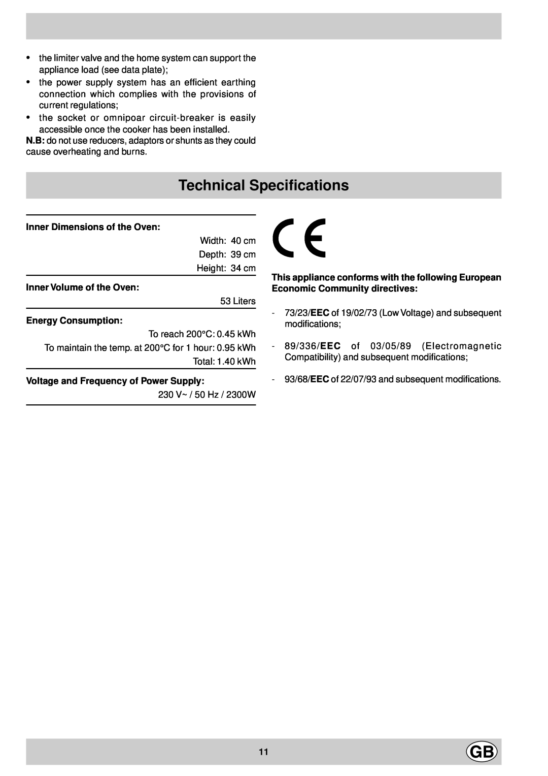 Indesit FM 37K IX DK Technical Specifications, Inner Dimensions of the Oven, Inner Volume of the Oven, Energy Consumption 