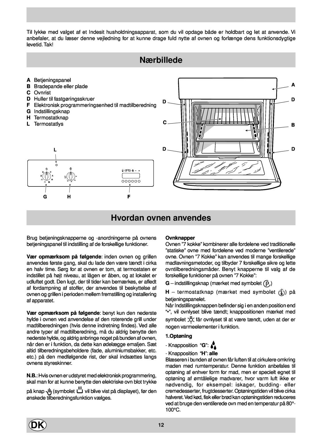 Indesit FM 37K IX DK manual Nærbillede, Hvordan ovnen anvendes, A D B, Ovnknapper, 1.Optøning 