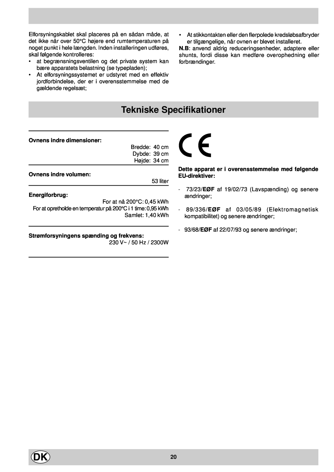 Indesit FM 37K IX DK manual Tekniske Specifikationer, Ovnens indre dimensioner, Ovnens indre volumen, Energiforbrug 