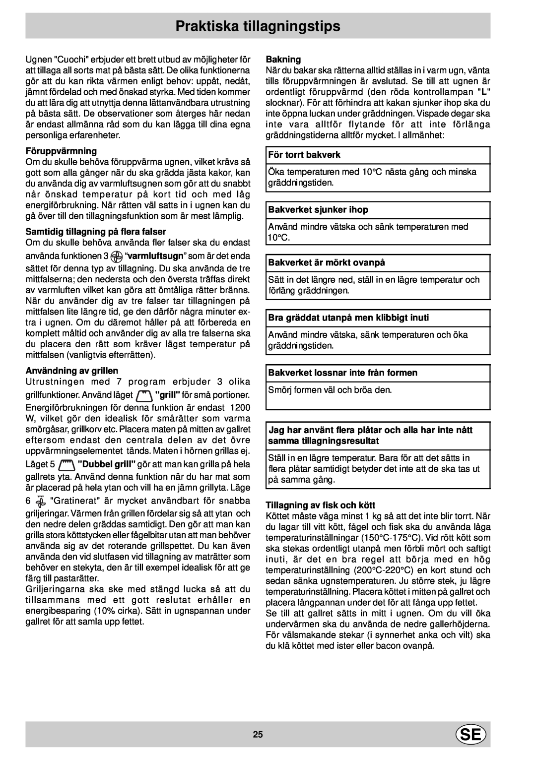 Indesit FM 37K IX DK manual Praktiska tillagningstips, Bakning, Föruppvärmning, Samtidig tillagning på flera falser 