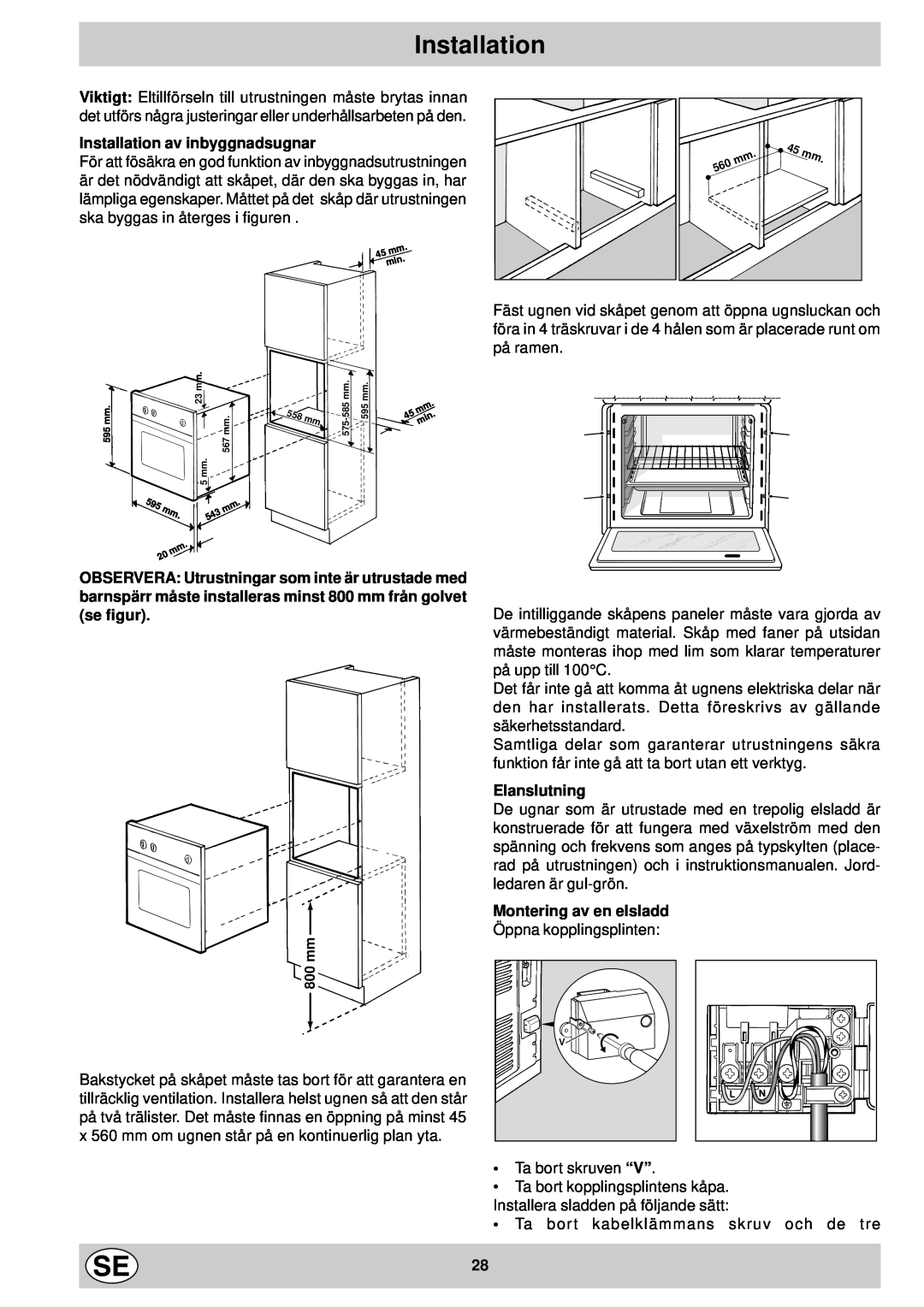 Indesit FM 37K IX DK manual Installation av inbyggnadsugnar, Elanslutning, Montering av en elsladd 
