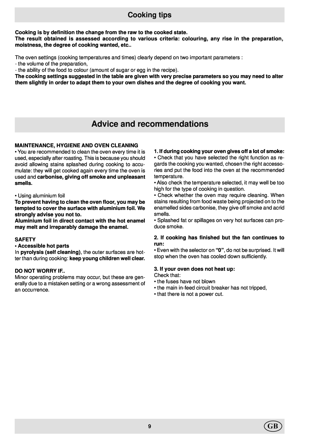 Indesit FM 70 P.1 MR manual Advice and recommendations, Cooking tips 
