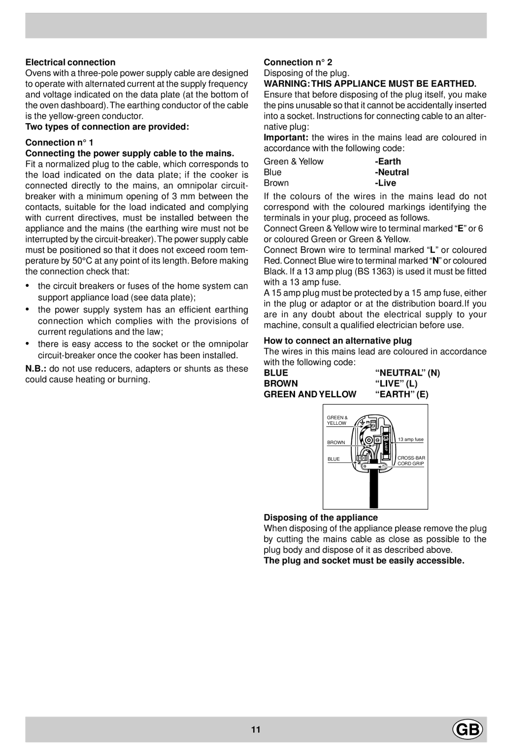 Indesit FV 10 K.B IX GB manual Electrical connection, Earth, Neutral, How to connect an alternative plug, Live L 