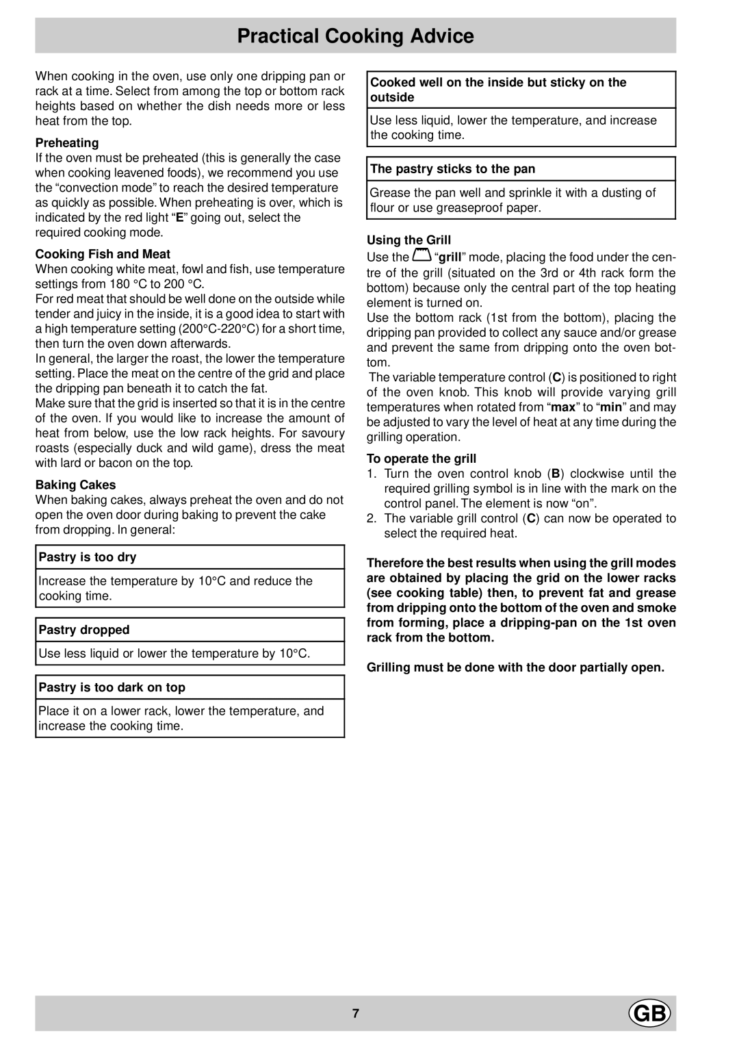 Indesit FV 10 K.B IX GB, FV 20 K.B GB manual Practical Cooking Advice 