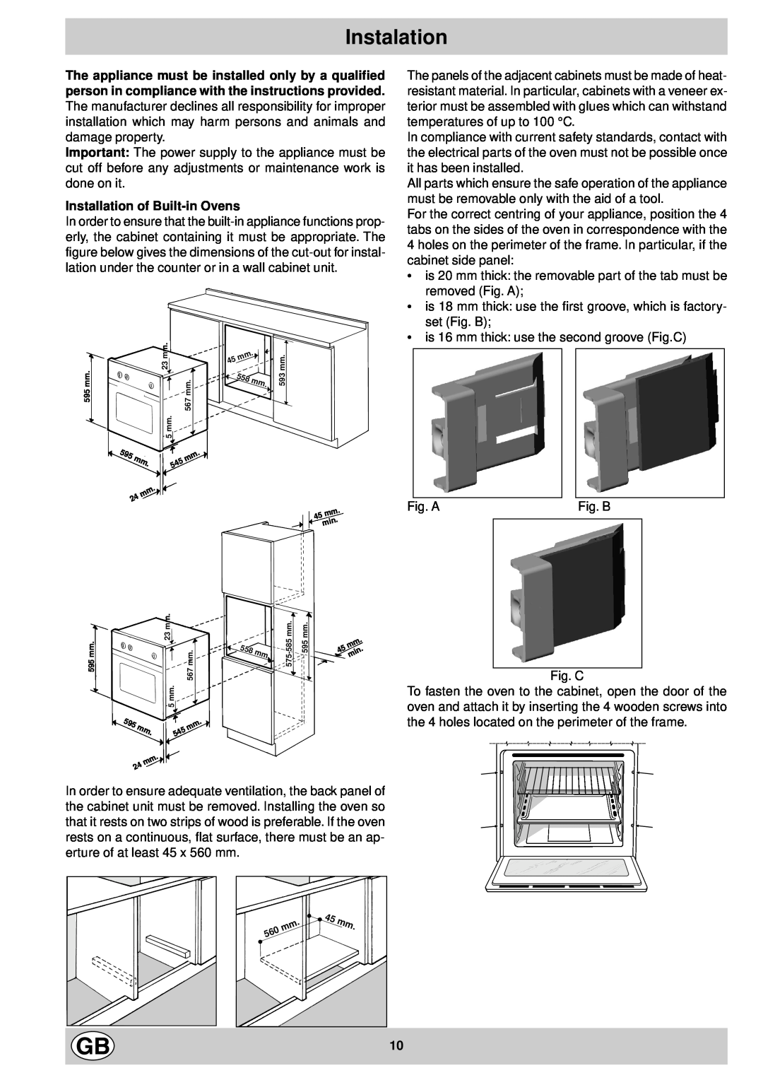 Indesit FV 20 K.B GB, FV 10 K.B IX GB manual Instalation, Installation of Built-in Ovens 