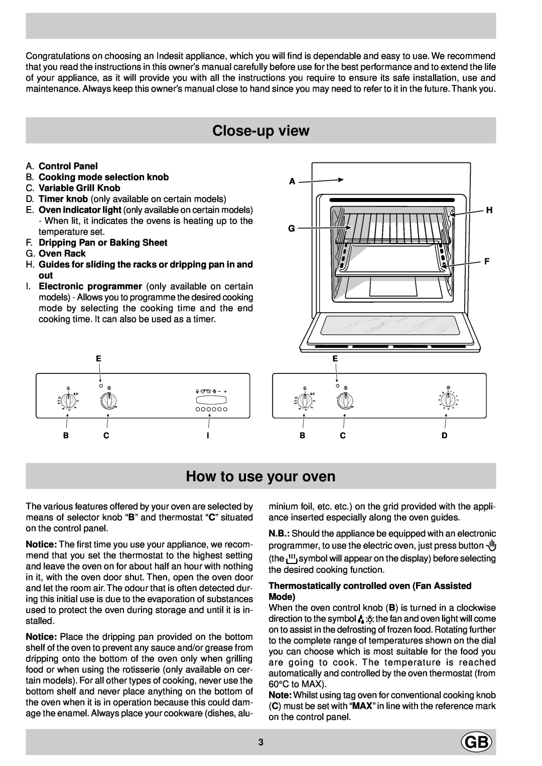 Indesit FV 10 K.B IX GB Close-up view, How to use your oven, A. Control Panel B. Cooking mode selection knob, A H G F 