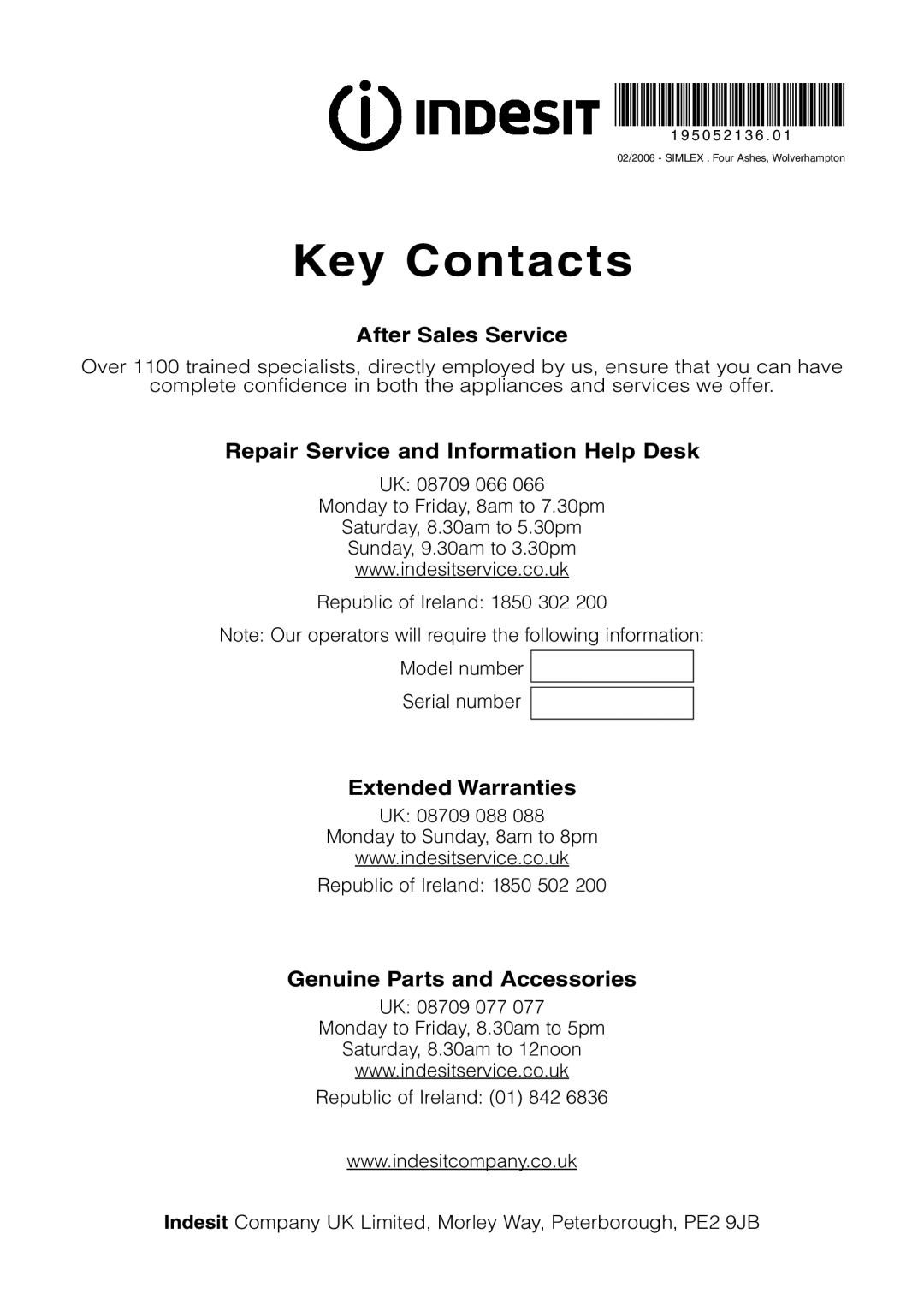 Indesit G31, G32 installation instructions Key Contacts 