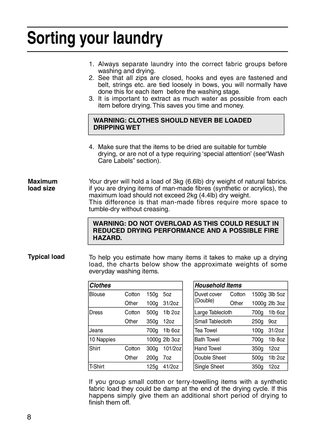 Indesit G31, G32 installation instructions Sorting your laundry, Maximum load size Typical load 