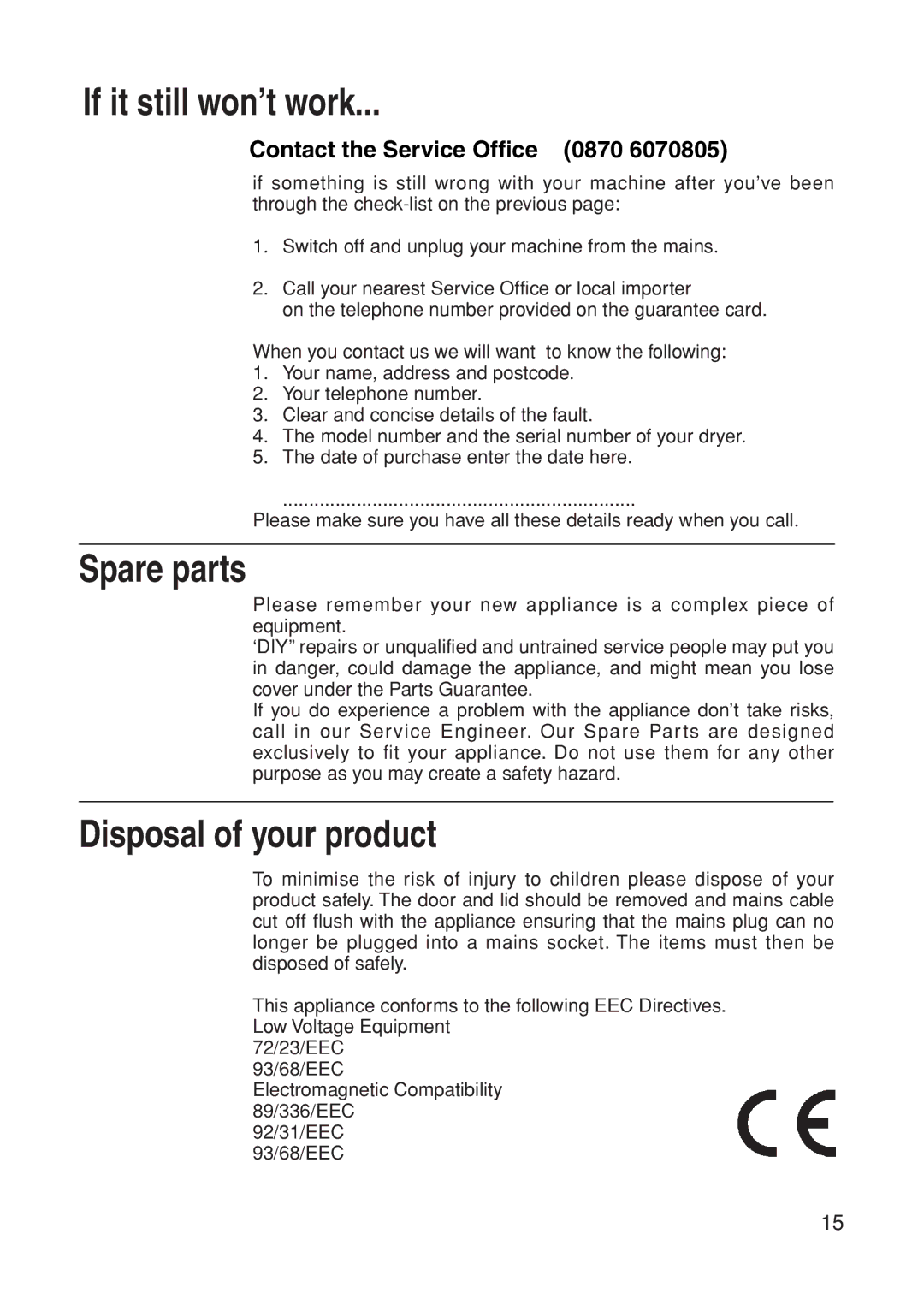 Indesit G31VU manual If it still won’t work 