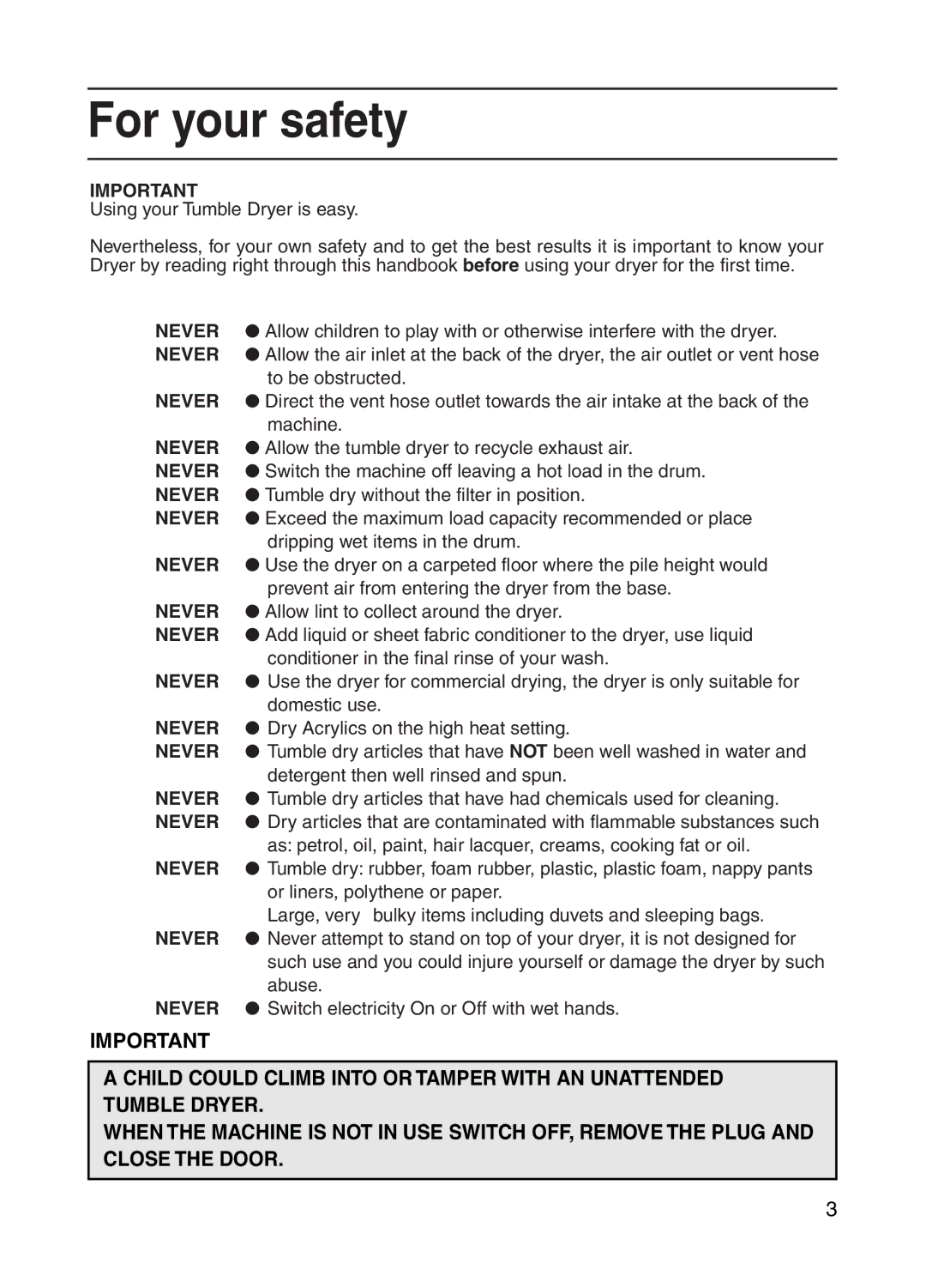 Indesit G73V manual For your safety 