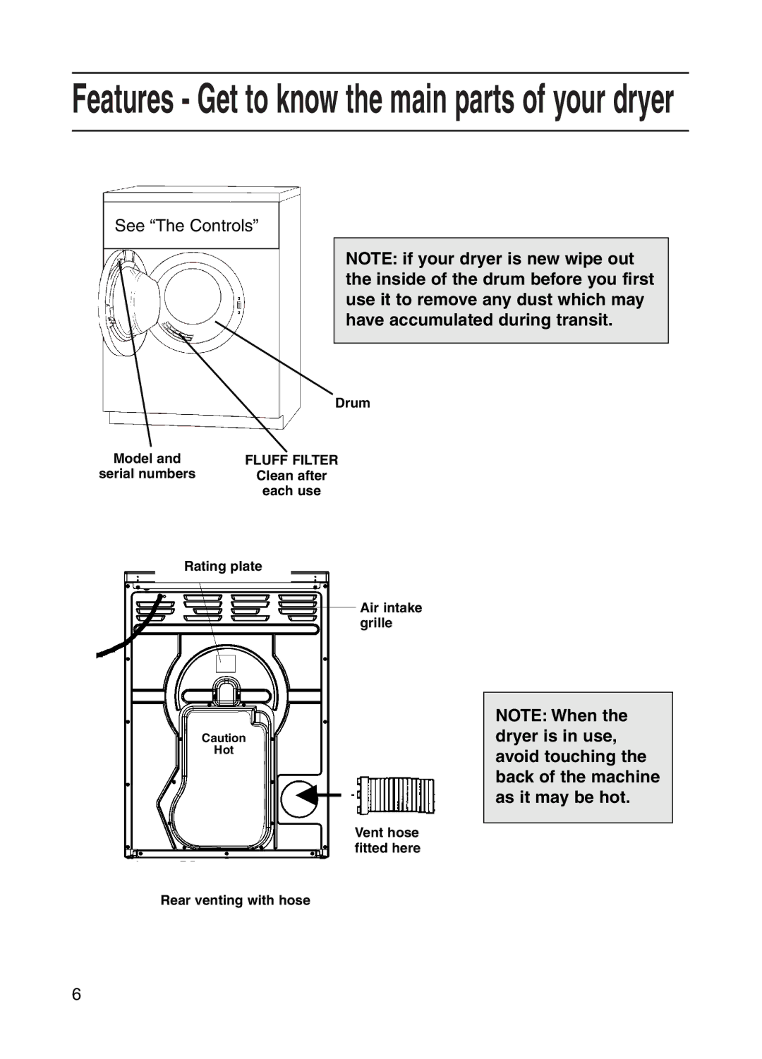 Indesit G73V manual Features Get to know the main parts of your dryer 