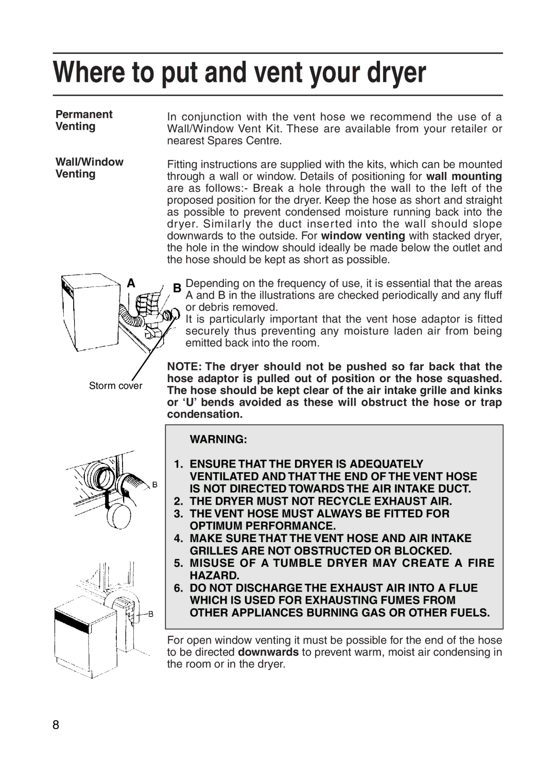 Indesit G73V manual Permanent Venting Wall/Window Venting 