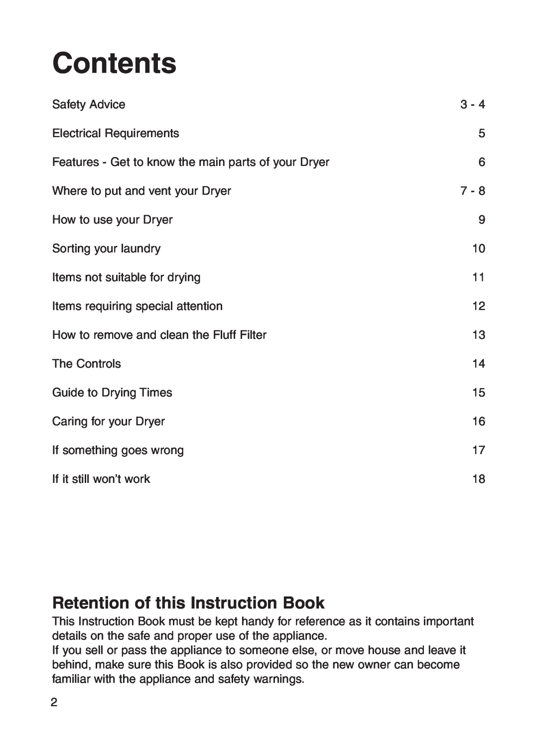 Indesit G73V manual Contents, Retention of this Instruction Book 