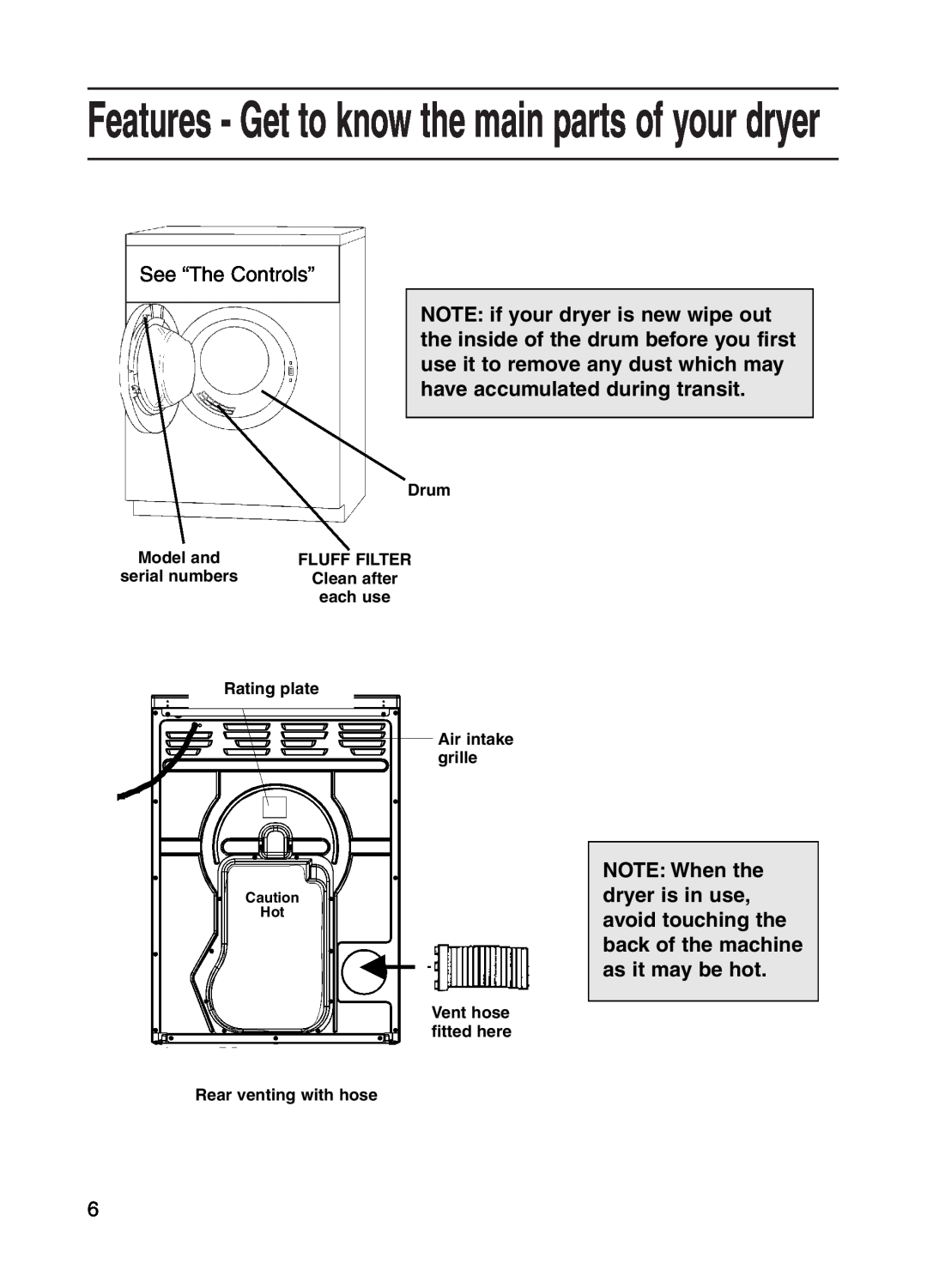Indesit G73V manual Features - Get to know the main parts of your dryer, See “The Controls” 