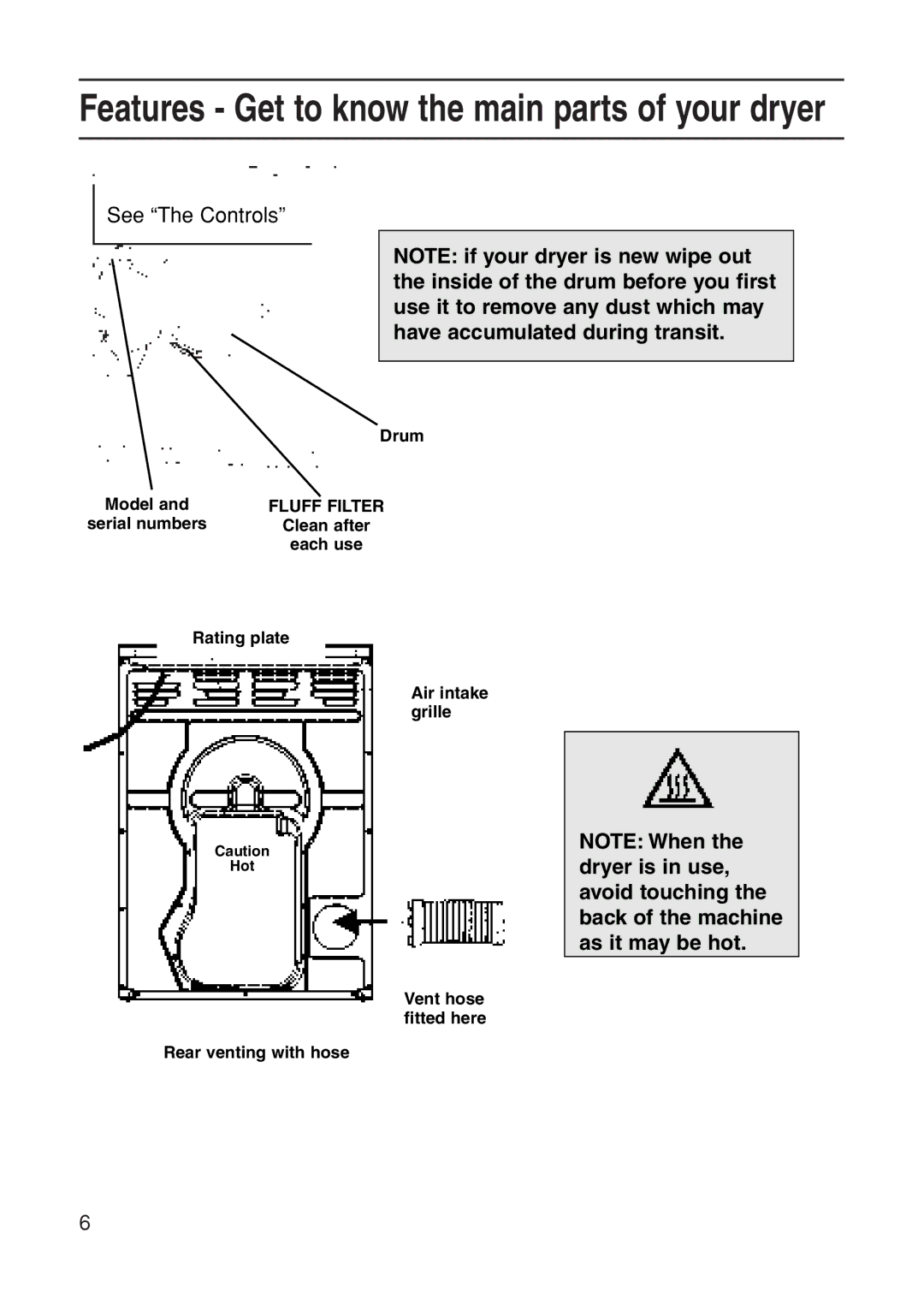 Indesit G73VU manual Features Get to know the main parts of your dryer 