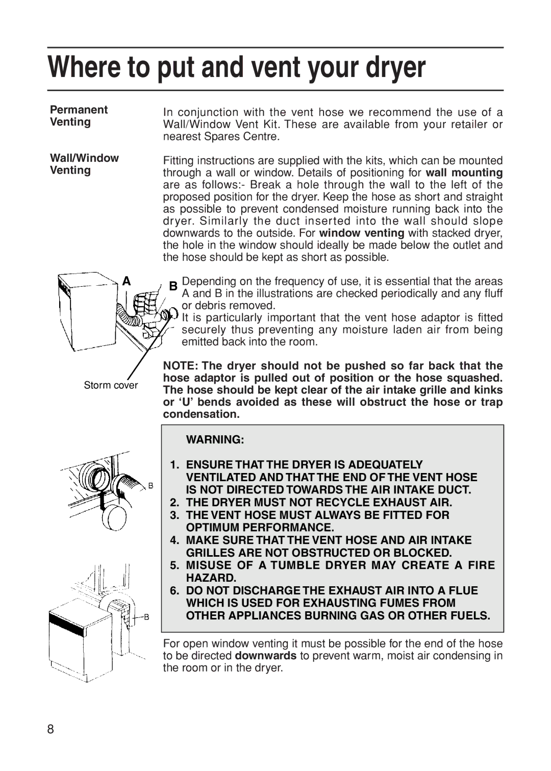 Indesit G74V manual Permanent Venting Wall/Window Venting 