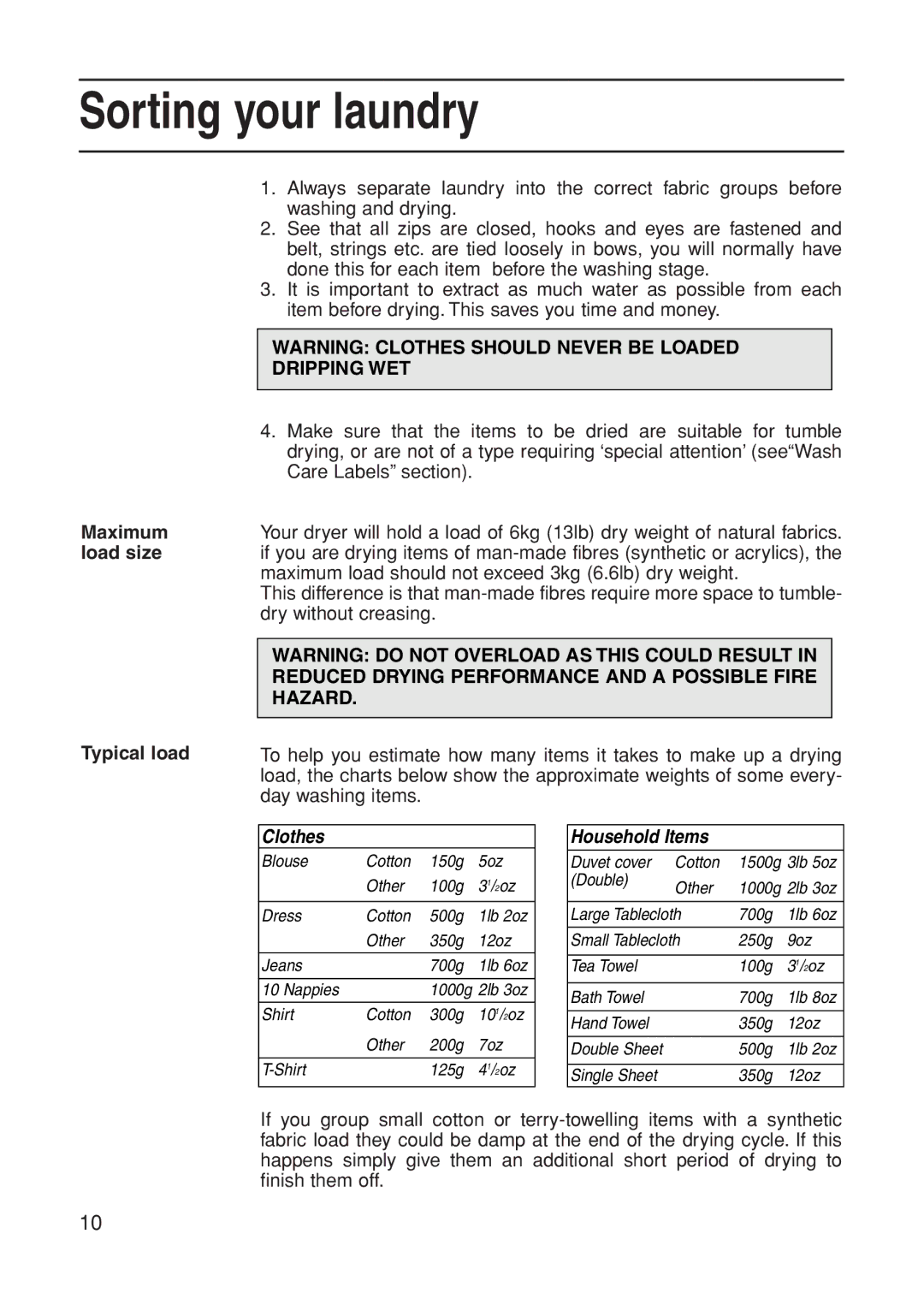 Indesit G75C manual Sorting your laundry, Maximum load size Typical load 