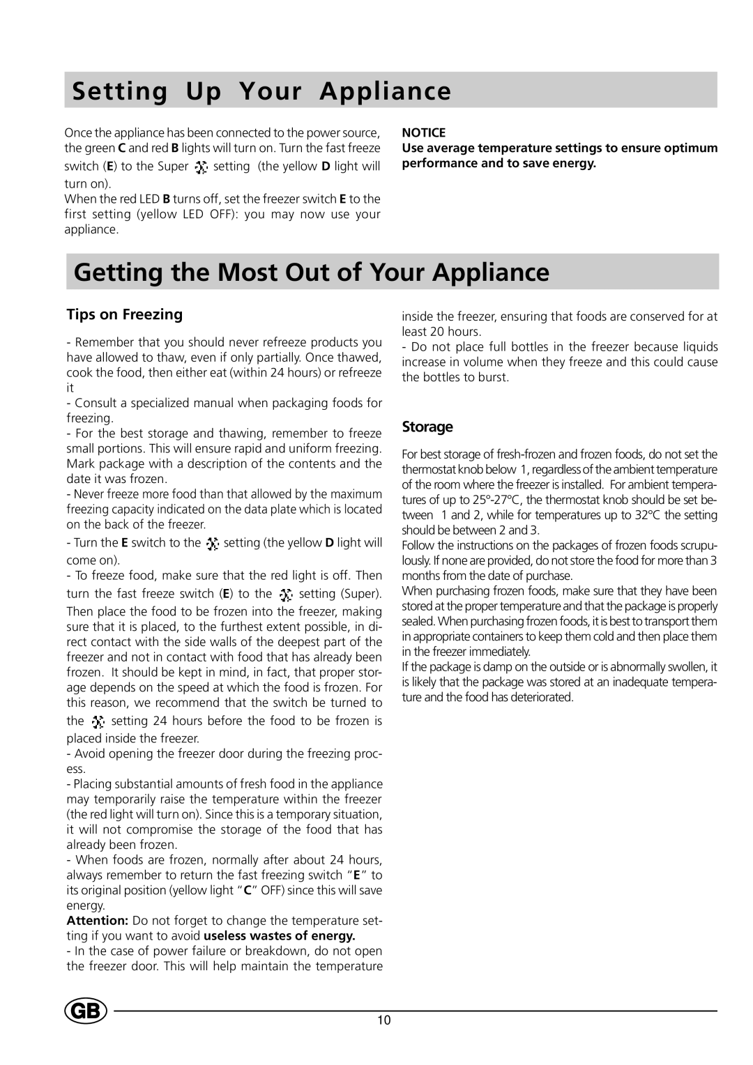 Indesit GCO120 manual Setting Up Your Appliance, Getting the Most Out of Your Appliance, Tips on Freezing, Storage 