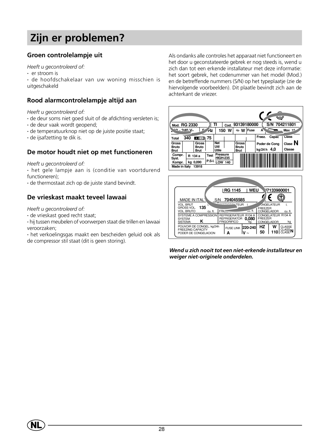 Indesit GCO120 manual Zijn er problemen?, Groen controlelampje uit, Rood alarmcontrolelampje altijd aan 