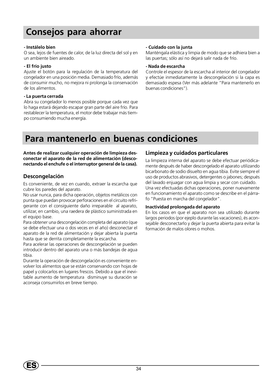 Indesit GCO120 manual Consejos para ahorrar, Para mantenerlo en buenas condiciones, Descongelación 