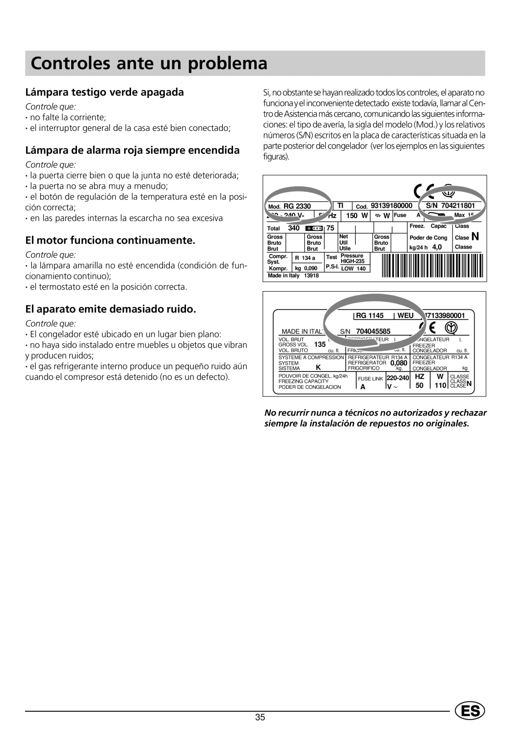 Indesit GCO120 manual Controles ante un problema, Lámpara testigo verde apagada, Lámpara de alarma roja siempre encendida 