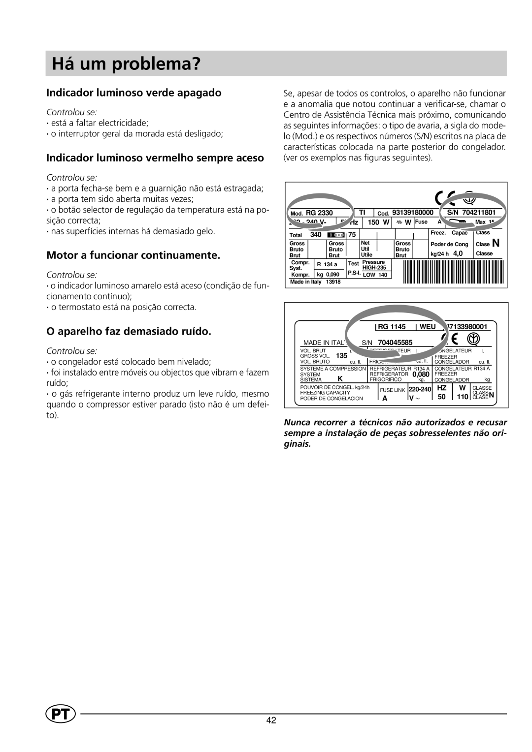 Indesit GCO120 manual Há um problema?, Indicador luminoso verde apagado, Indicador luminoso vermelho sempre aceso 